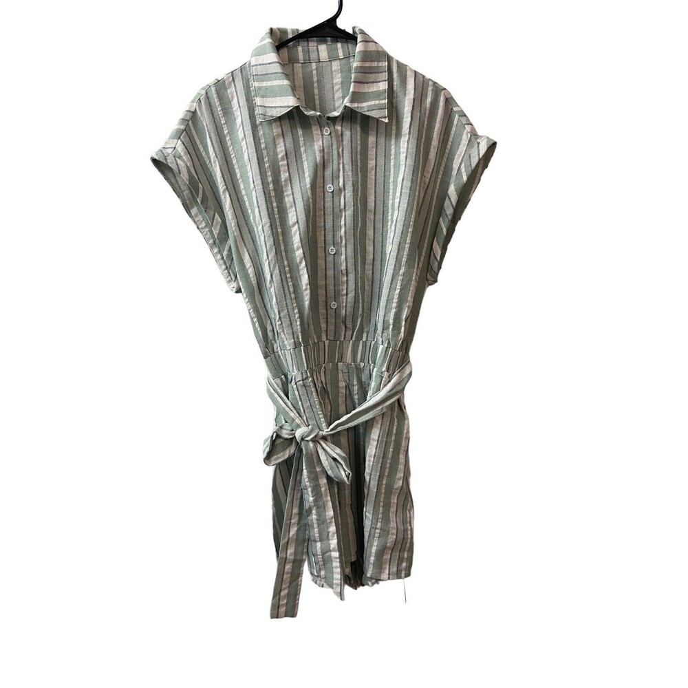 Gauze Romper Womens medium Green White Striped Beach  Coastal Cottagecore